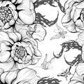 Vector. Flowers and butterflies - decorative composition. Flowers with long petals. Wallpaper. Seamless patterns.